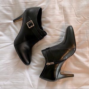Vince Camuto black leather booties heels w gold accents women’s 9.5 US/41 EU